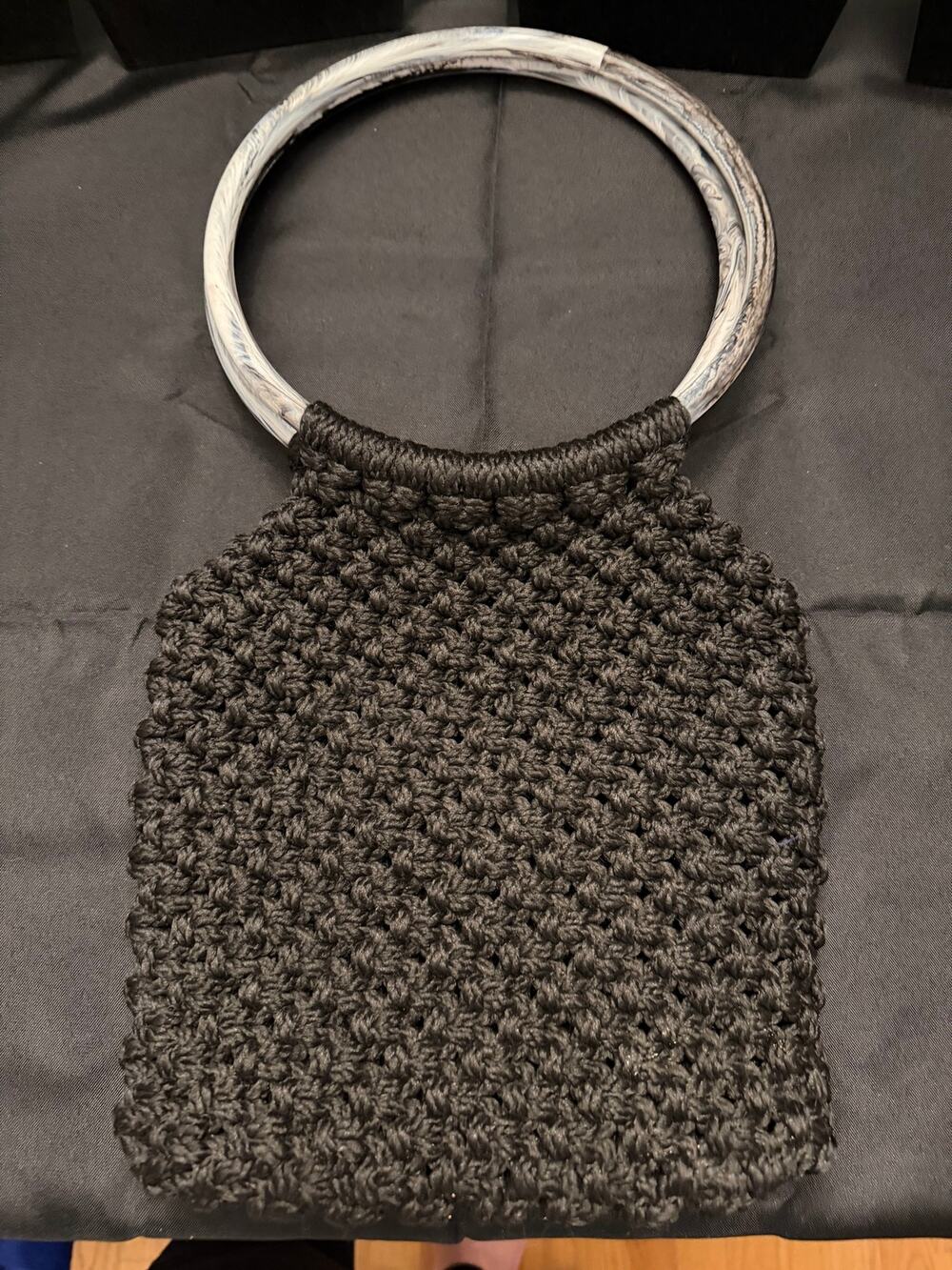 Boho Vintage 1970s Hand Made Macrame Handbag with Marble Acrylic 9” Handles